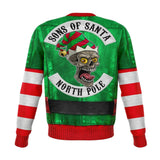 Biker Elf Costume Sweatshirt - Funny Christmas Holiday Jumper-Fun and festive all-over-print unisex sweatshirt features a soft and durable fabric that has a cotton feel to it. The brushed fleece on the inside will make this your most comfy sweatshirt ever! Each panel is individually printed, cut and sewn to ensure a flawless graphic with no imperfections. • 20% cotton, 75% polyester, 5% spandex • Soft cotton handfeel fabric surface • Brushed fleece fabric on the inside • High definition printing colours • D