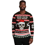 -Funny all-over-print unisex sweatshirt made of soft and comfortable cotton/polyester/spandex blend with brushed fleece interior. Each panel is individually printed, cut and sewn to ensure a flawless graphic that won't crack or peel. Mens womens Christmas pullover jumper ugly sweater print skull skeleton gothic xmas-