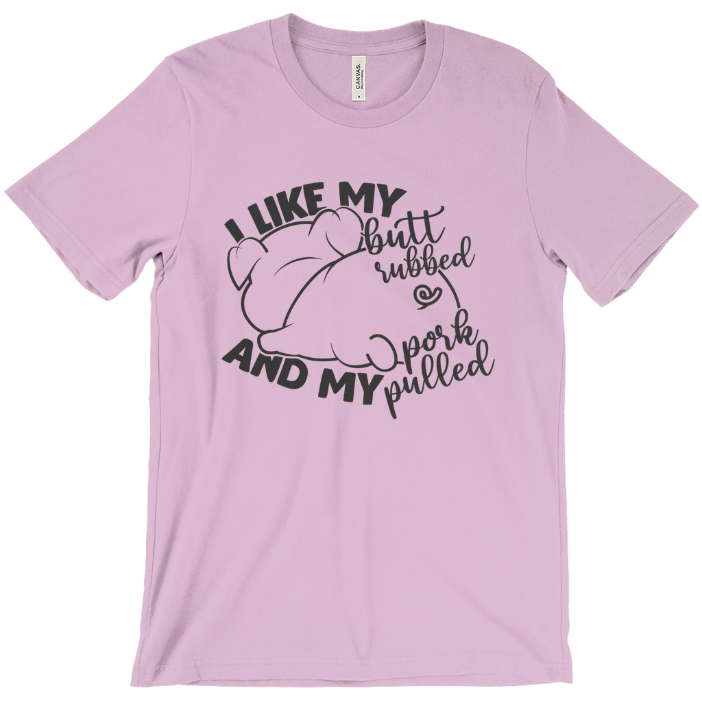 -Soft, comfortable mens/unisex style Airlume combed and ring-spun cotton shirt. Made-to-order and shipped form the USA. Funny dirty naughty bbq barbeque bar-b-que barbecue pork sex joke butt rubbed pig piggy t-shirt boyfriend gift -Heather Prism Lilac-Medium (M)-