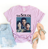 Funny Retro Vintage THE SOLOS Graphic Tee, Star Wars Sitcom Parody-Unisex style premium quality ringspun cotton tee. Soft and comfortable Bella+Canvas shirt with a standard retail fit. Made to order. Free shipping from the USA. Funny 80s 90s kid 1980s 1990s TV retro vintage y2k sitcom family portrait hans solo kylo ren princess leia television parody womens ladies juniors shirt gift-