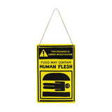 -Funny "! This Premises Is Under Investigation - Food May Contain Human Flesh" Metal Sign. Rust and fade resistant, 4 holes at corners for mounting or hanging. Free Shipping from abroad. Humorous horror cannibal burger warning people bob's halloween health inspector meat kitchen caution prop replica restaurant decor-