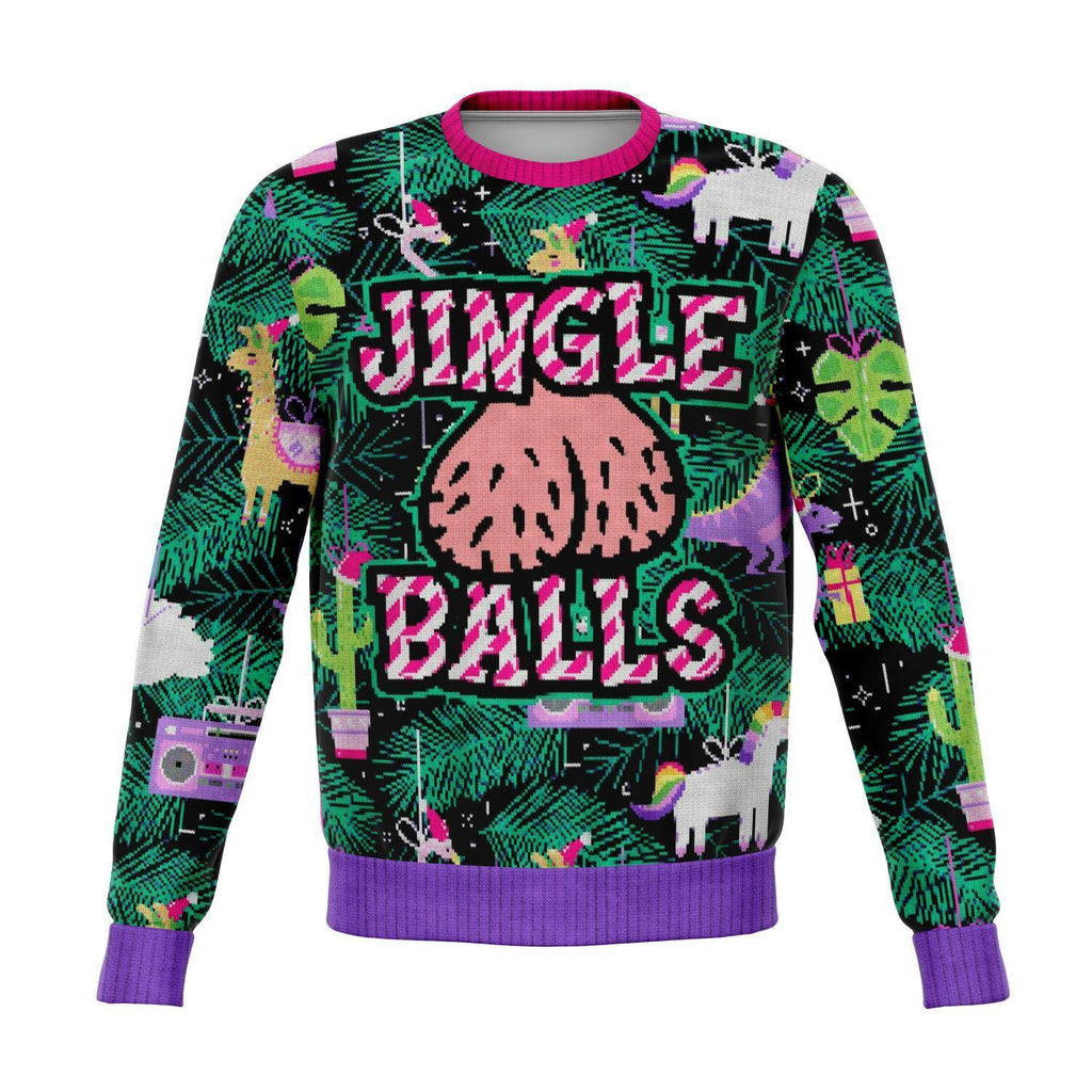 Naughty Jingle Balls Sweatshirt, Dirty AOP Ugly Holiday Sweater-Funny all-over-print unisex sweatshirt made of soft and comfortable cotton/polyester/spandex blend with brushed fleece interior. Each panel is individually printed, cut and sewn to ensure a flawless graphic that won't crack or peel. Mens womens Christmas pullover jumper ugly sweater print classic xmas parody joke-XS-