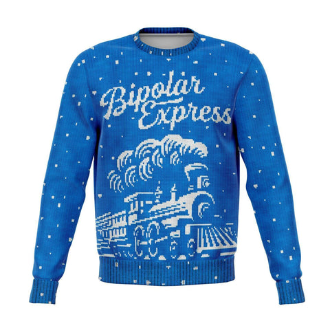 Funny BIPOLAR EXPRESS Ugly Christmas Sweater Print Sweatshirt, Blue-funny polar express mental health Christmas train pun parody Bi-Polar Express Premium All Over Print Ugly Sweater printed Sweatshirt Unisex, soft cotton / poly / spandex blend. Free Shipping Worldwide. AOP xmas joke Humorous self-deprecating antidepressant holiday pullover jumper -XS-