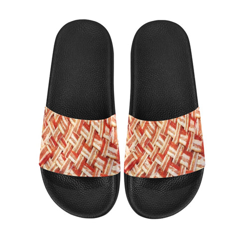 Funny Bacon Weave Slide Sandals-High quality slip-on sandals constructed of lightweight, durable, soft and comfortable PVC. These sandals are made-to-order. Free shipping from abroad. Woven bacon slice print pattern funny amens womens unisex meme breakfast pork-EU 36 / US 5M 6W-