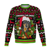 Funny Dachshund Through The Snow Ugly Christmas Sweater Dog Sweatshirt-Funny premium AOP (all over print)Dachshund Through The Snow sausage dog pun ugly sweater print holiday jumper / sweatshirt. Unisex adult XS, Small, Medium, Large, XL, 2XL, 3XL and 4XL. Made-to-order. 2 weeks to the US. Great humorous doxxin doxin doxie doxxie puppy breeder lover dashing doggie winter Christmas gift. -XS-