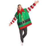 Christmas Elf Costume Snug Blanket Hoodie, One Size Minky Micro Fleece-Fun and festive Elf costume pattern one-size fits all wearable blanket. Snuggle blanket hoodie with silky smooth micro-mink polyester exterior and ultra soft microfiber fleece interior lining. Quality, high definition holiday helper all over print design. Snuggle up and stay in, warm blanket when the weather turns cold-