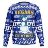 -Funny all-over-print unisex sweatshirt made of soft, comfortable cotton/polyester/spandex blend with brushed fleece interior. Each panel is individually printed, cut & sewn to ensure a flawless graphic that won't crack or peel. funny veganism vegetarian winter holiday hanukkah christmas mens womens jumper ugly sweater-