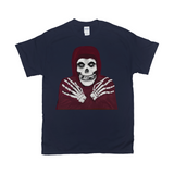 Crmson Ghost Graphic Tee, Classic Horror Icon, Small to 5X, Low Prices-100% cotton Gildan fine jersey fitted unisex tee. 3-5 days from USA. Crimson Ghost classic serial horror film icon. Skeleton with hooded skull, crossed skeletal hands. This skull faced fiend is the perfect grim reaper for punk rock pirates and misfits though few today would desire a post Cyclotrode X world. Haloween-Navy-Small (S)-