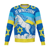 MAGICAL JEWNICORN SWEATSHIRT Jewish Unicorn Ugly Holiday Sweater Print-Funny all-over-print unisex sweatshirt made of soft, comfortable cotton/polyester/spandex blend with brushed fleece interior. Each panel is individually printed, cut and sewn to ensure a flawless graphic that won't crack or peel. Mens womens hanukkah Chanukah pullover jumper ugly sweater print jewish jew pun holiday-XS-