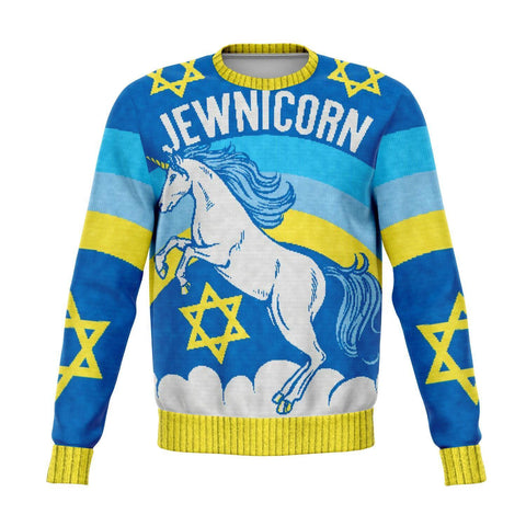 MAGICAL JEWNICORN SWEATSHIRT Jewish Unicorn Ugly Holiday Sweater Print-Funny all-over-print unisex sweatshirt made of soft, comfortable cotton/polyester/spandex blend with brushed fleece interior. Each panel is individually printed, cut and sewn to ensure a flawless graphic that won't crack or peel. Mens womens hanukkah Chanukah pullover jumper ugly sweater print jewish jew pun holiday-XS-