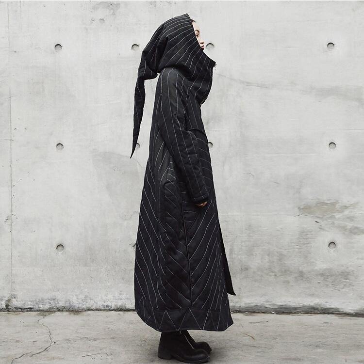 Gnomi Pointed Hood Avantgarde Asymmetrical Runway Coat Gothic Jacket -A unique demi-season avantgarde jacket. This coat features a striking exaggerated runway silhouette with bustled style hip, split asymmetrical front with zipper closure, High cowl neck and oversized pointed hood. Renaissance / medieval Scandinavian inspired sci-fi futuristic gothic alien high fashion jester jacket.-