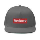 MEDIOCRE Box Logo Flat Bill Cap - Embroidered Logo Snapback Hats-a supreme parody of mediocre design. High quality, embroidered high-profile fitting cap with classic green underviso. • 100% cotton twill • Structured • Five panel • High profile • Green undervisor • Sewn eyelets • Snapback. Ship in 3-5 business days from within the USA. Streetwear fashion red box logo mocking parody.-Grey-
