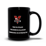INGSOC Insignia Mug, Black 11oz or 15oz, Anti-Fascist 1984 Propaganda-Premium quality black mug in your choice of 11oz or 15oz. High quality, durable ceramic. Microwave safe, hand washing recommended to help prevent fading.Large emblem on one side, smaller emblem and "war is peace. freedom is slavery. ignorance is strength" motto on the reverse.Made-to-order shipped from the USA.-
