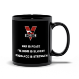 INGSOC Insignia Mug, Black 11oz or 15oz, Anti-Fascist 1984 Propaganda-Premium quality black mug in your choice of 11oz or 15oz. High quality, durable ceramic. Microwave safe, hand washing recommended to help prevent fading.Large emblem on one side, smaller emblem and "war is peace. freedom is slavery. ignorance is strength" motto on the reverse.Made-to-order shipped from the USA.-