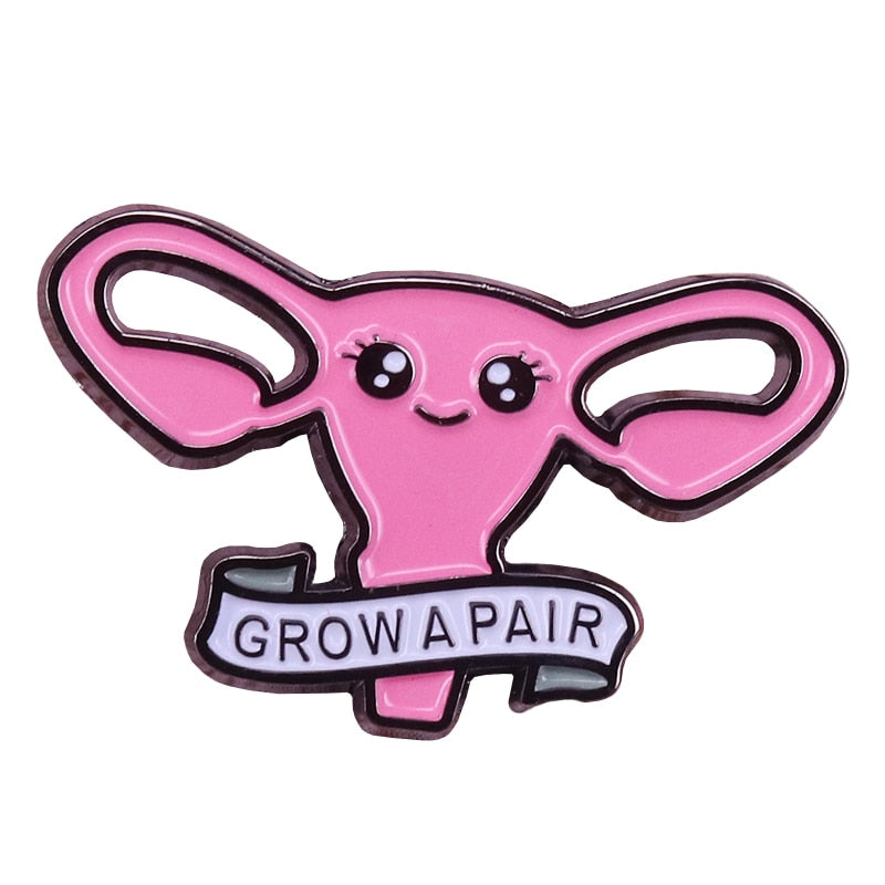 -Quality metal and enamel pin. Measures about 3cm. Free shipping from abroad with average delivery time to the USA of about 3 weeks. Feminist funny kawaii cute uterus Grow A Pair of Ovaries pin badge pinback-