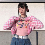 Pink and White Check Mohair Cropped Cardigan, Super Soft, Lightweight -Super soft pink and white checkered, cropped cardigan made of knitted mohair with v-neck, colorful heart shaped buttons. Available in 2 sizes. Free shipping from abroad. Typically arrives in about 2-4 weeks to the USA. Sweet cute kawaii kustom egirl fuzzy furry unique sexy and playful short sweater extra long sleeves.-