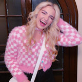 Pink and White Check Mohair Cropped Cardigan, Super Soft, Lightweight -Super soft pink and white checkered, cropped cardigan made of knitted mohair with v-neck, colorful heart shaped buttons. Available in 2 sizes. Free shipping from abroad. Typically arrives in about 2-4 weeks to the USA. Sweet cute kawaii kustom egirl fuzzy furry unique sexy and playful short sweater extra long sleeves.-