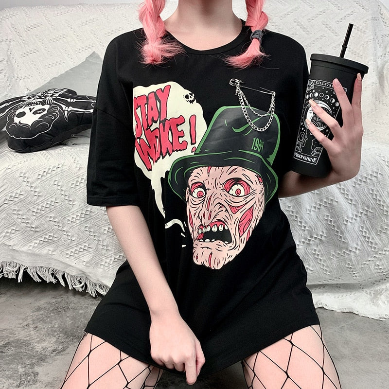 Funny Stay Woke Gothic Graphic Tee, Freddy NOES Parody-M-