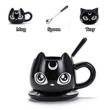 -High quality ceramic black cat with crescent moon coffee mug, spoon and saucer set. Free shipping from abroad. 2 shipping options: slower averaging 2-4 weeks to the USA or faster averaging 2 weeks. Crescent moon luna kitty anime witch cat witches familiar goth gothic witchcraft coffee mug tea cup gift set.-
