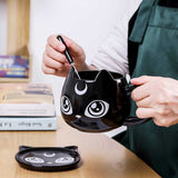 -High quality ceramic black cat with crescent moon coffee mug, spoon and saucer set. Free shipping from abroad. 2 shipping options: slower averaging 2-4 weeks to the USA or faster averaging 2 weeks. Crescent moon luna kitty anime witch cat witches familiar goth gothic witchcraft coffee mug tea cup gift set.-