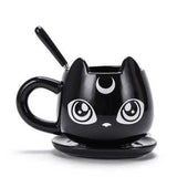 -High quality ceramic black cat with crescent moon coffee mug, spoon and saucer set. Free shipping from abroad. 2 shipping options: slower averaging 2-4 weeks to the USA or faster averaging 2 weeks. Crescent moon luna kitty anime witch cat witches familiar goth gothic witchcraft coffee mug tea cup gift set.-Slower Shipping-Right Handle-