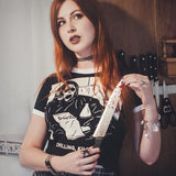 Chilling and Killing Grim Reaper Ringer Elasticized Crop Top-Black and white ringer style elasticized crop top with high quality print.Free Shipping Worldwide. Typically ships in 2-3 days. Funny "Chilling, Killing" Grim Reaper Death Goth Gothic Harajuku Short Stretchy Shiny, Tight and Slim Retro Graphic Tee, Elastic T-shirt, Midriff Womens Juniors Dark Fashion Top -