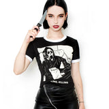 Chilling and Killing Grim Reaper Ringer Elasticized Crop Top-Black and white ringer style elasticized crop top with high quality print.Free Shipping Worldwide. Typically ships in 2-3 days. Funny "Chilling, Killing" Grim Reaper Death Goth Gothic Harajuku Short Stretchy Shiny, Tight and Slim Retro Graphic Tee, Elastic T-shirt, Midriff Womens Juniors Dark Fashion Top -