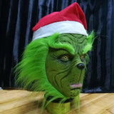 -Full over-the-head latex grinch mask with attached hair and santa hat. One size fits most. Free shipping from abroad. Typically arrives in 2-3 weeks to the USA. High quality costume cosplay character christmas xmas halloween holiday mask-