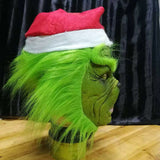-Full over-the-head latex grinch mask with attached hair and santa hat. One size fits most. Free shipping from abroad. Typically arrives in 2-3 weeks to the USA. High quality costume cosplay character christmas xmas halloween holiday mask-