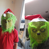 -Full over-the-head latex grinch mask with attached hair and santa hat. One size fits most. Free shipping from abroad. Typically arrives in 2-3 weeks to the USA. High quality costume cosplay character christmas xmas halloween holiday mask-