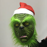 -Full over-the-head latex grinch mask with attached hair and santa hat. One size fits most. Free shipping from abroad. Typically arrives in 2-3 weeks to the USA. High quality costume cosplay character christmas xmas halloween holiday mask-