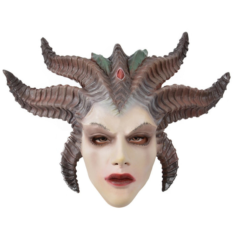 -Lilith... Daughter of Hatred, First Mother of Sanctuary, Queen of the Succubi. High quality, detailed Diablo Lilith soft latex over-the-head mask. One size fits most. Free shipping. Diablo IV demon hellspawn devil gamer gaming halloween costume cosplay female woman mythological tentacles horror monster character LARP-
