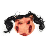 -Over-the-head latex horror movie pig mask with attached hair. One size fits most. Free shipping from abroad. Typically arrives to the US in 2-3 weeks. Scary terrifying saw franchise piggy henchmen creepy af halloween mask costume cosplay haunted house bondage bdsm escape room LARP realistic pigman-