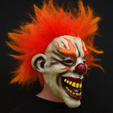 -An evil clown who just wants to watch the world burn... squinting, mouth wide with murderous laughter and appropriately flared makeup and flame-like hair. Full over the head latex mask. One size fits most. Free shipping. Halloween costume cosplay horror laughing fire murder clown circus carnival hell demon devil -
