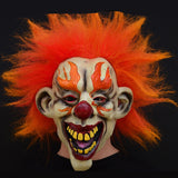 -An evil clown who just wants to watch the world burn... squinting, mouth wide with murderous laughter and appropriately flared makeup and flame-like hair. Full over the head latex mask. One size fits most. Free shipping. Halloween costume cosplay horror laughing fire murder clown circus carnival hell demon devil -