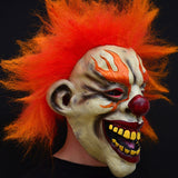 -An evil clown who just wants to watch the world burn... squinting, mouth wide with murderous laughter and appropriately flared makeup and flame-like hair. Full over the head latex mask. One size fits most. Free shipping. Halloween costume cosplay horror laughing fire murder clown circus carnival hell demon devil -