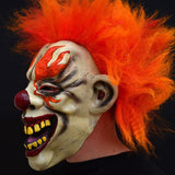 -An evil clown who just wants to watch the world burn... squinting, mouth wide with murderous laughter and appropriately flared makeup and flame-like hair. Full over the head latex mask. One size fits most. Free shipping. Halloween costume cosplay horror laughing fire murder clown circus carnival hell demon devil -