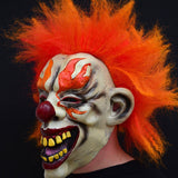 -An evil clown who just wants to watch the world burn... squinting, mouth wide with murderous laughter and appropriately flared makeup and flame-like hair. Full over the head latex mask. One size fits most. Free shipping. Halloween costume cosplay horror laughing fire murder clown circus carnival hell demon devil -
