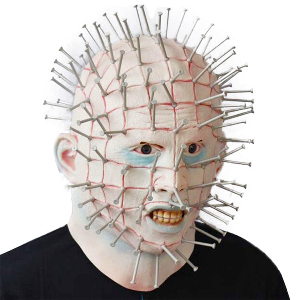 Nail Face Derp Mask - Free Shipping - One Size fits Most-An over-the-head latex mask... quality material and well constructed but well... off. Obviously, they were aiming for Pinhead from the Hellraiser series but they landed somewhere closer to that kid who superglued nails to his face that one Halloween and ended up in the ER. Funny fail bad worst horror costume mask-