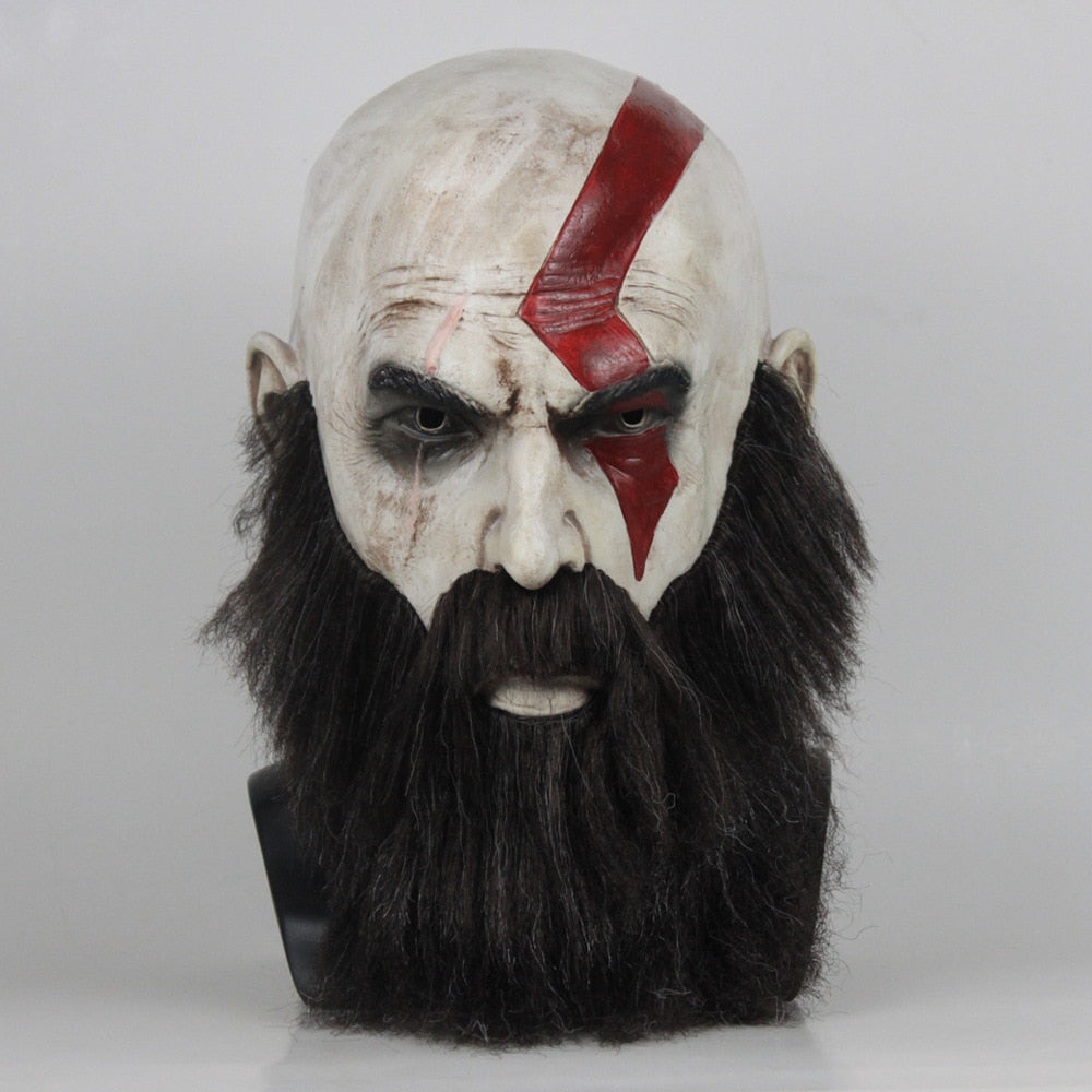 -High quality God of War IV Kratos latex over-the-head mask with attached beard. Free shipping from abroad. These masks typically arrive to the USA in about 2-3 weeks. GOW gamer character mask halloween costume cosplay mask prop collectible-