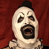 Terrifier Art The Clown Horror Cosplay Mask-High quality Art the Clown latex over-the-head mask with tie on hat. One size fits most adults. Free shipping. Halloween costume super creepy disturbing sadistic murder clown with tiny tophat low budget b-movie scary freaky weird bizarre gore circus nightmare fuel all hallow's eve-