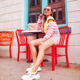 Pink and White Check Mohair Cropped Cardigan, Super Soft, Lightweight -Super soft pink and white checkered, cropped cardigan made of knitted mohair with v-neck, colorful heart shaped buttons. Available in 2 sizes. Free shipping from abroad. Typically arrives in about 2-4 weeks to the USA. Sweet cute kawaii kustom egirl fuzzy furry unique sexy and playful short sweater extra long sleeves.-