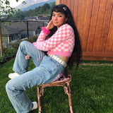 Pink and White Check Mohair Cropped Cardigan, Super Soft, Lightweight -Super soft pink and white checkered, cropped cardigan made of knitted mohair with v-neck, colorful heart shaped buttons. Available in 2 sizes. Free shipping from abroad. Typically arrives in about 2-4 weeks to the USA. Sweet cute kawaii kustom egirl fuzzy furry unique sexy and playful short sweater extra long sleeves.-