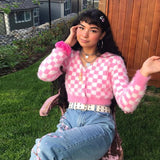 Pink and White Check Mohair Cropped Cardigan, Super Soft, Lightweight -Super soft pink and white checkered, cropped cardigan made of knitted mohair with v-neck, colorful heart shaped buttons. Available in 2 sizes. Free shipping from abroad. Typically arrives in about 2-4 weeks to the USA. Sweet cute kawaii kustom egirl fuzzy furry unique sexy and playful short sweater extra long sleeves.-