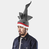 -Unique funny knit shark attack hat. Handmade, knitted from acrylic wool yarn with button eyes. Hilarious gaping mouth biting great white shark with fins standing on head with teeth exposed great holiday shark attack week gift tv watching marine biology animal bite halloween costume fall winter cap goofy weird dad hat-