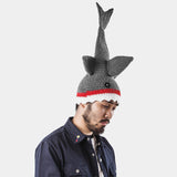 -Unique funny knit shark attack hat. Handmade, knitted from acrylic wool yarn with button eyes. Hilarious gaping mouth biting great white shark with fins standing on head with teeth exposed great holiday shark attack week gift tv watching marine biology animal bite halloween costume fall winter cap goofy weird dad hat-