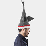-Unique funny knit shark attack hat. Handmade, knitted from acrylic wool yarn with button eyes. Hilarious gaping mouth biting great white shark with fins standing on head with teeth exposed great holiday shark attack week gift tv watching marine biology animal bite halloween costume fall winter cap goofy weird dad hat-
