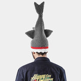-Unique funny knit shark attack hat. Handmade, knitted from acrylic wool yarn with button eyes. Hilarious gaping mouth biting great white shark with fins standing on head with teeth exposed great holiday shark attack week gift tv watching marine biology animal bite halloween costume fall winter cap goofy weird dad hat-