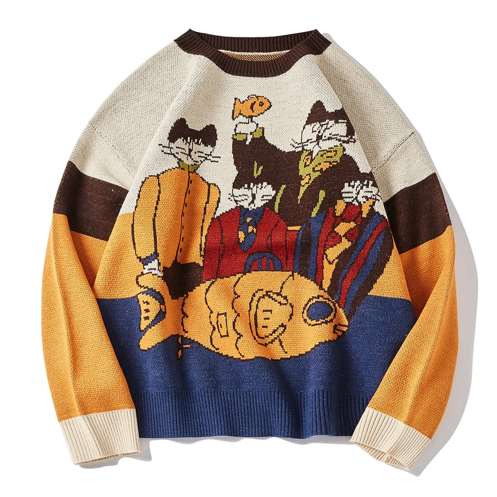 -High quality unisex knit sweater. Soft and comfortable cotton and polyester blend synthetic wool. See size chart. Free shipping worldwide. Fun funny beatles parody kitty cat mashup psychedelic classic rock pop music knitted pullover jumper retro vintage classic fish kitten warm thin autumn fall winter fan gift-S-