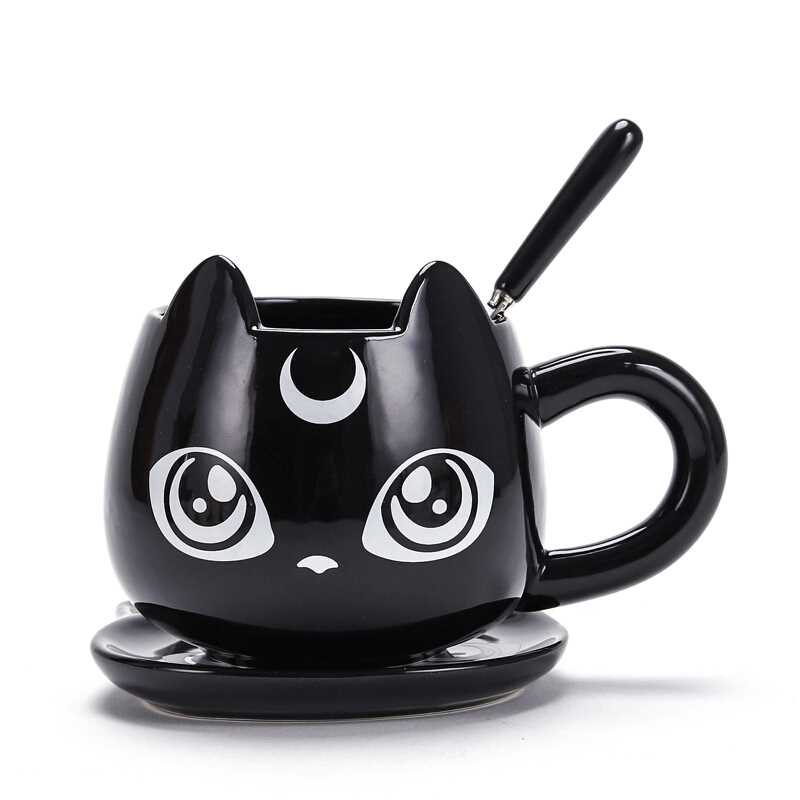 -High quality ceramic black cat with crescent moon coffee mug, spoon and saucer set. Free shipping from abroad. 2 shipping options: slower averaging 2-4 weeks to the USA or faster averaging 2 weeks. Crescent moon luna kitty anime witch cat witches familiar goth gothic witchcraft coffee mug tea cup gift set.-Faster Shipping-Left Handle-